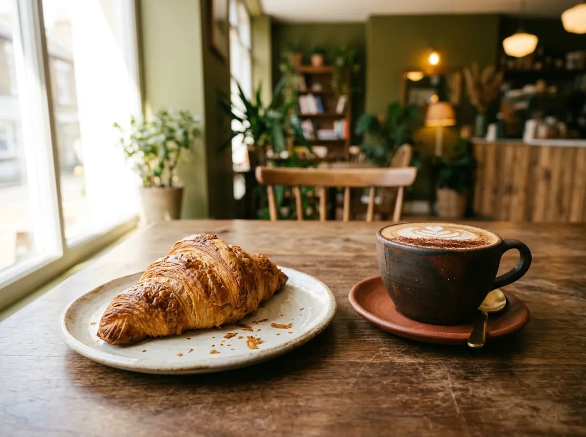 Fresh croissant and cappuccino in a sunlit cafe