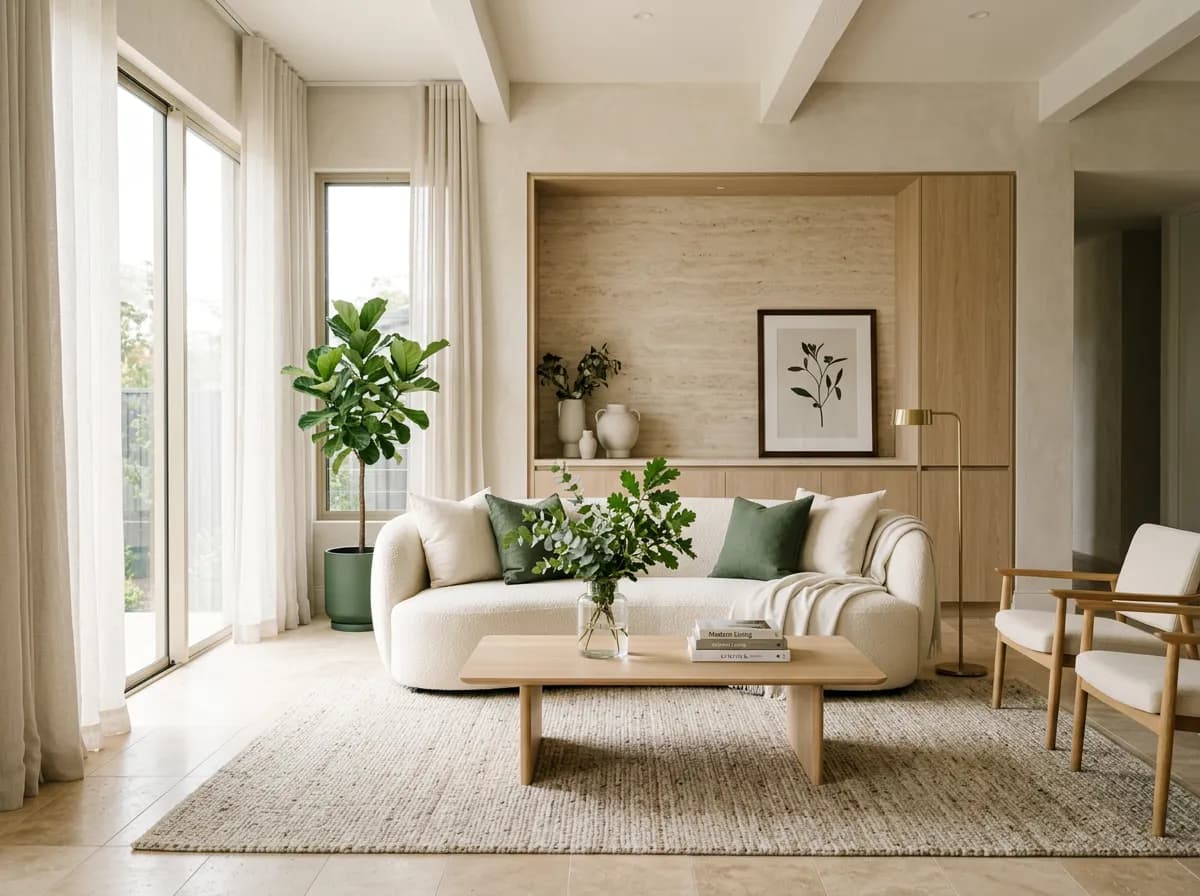 Immaculate sunlit living room with ivory sofa and green accents