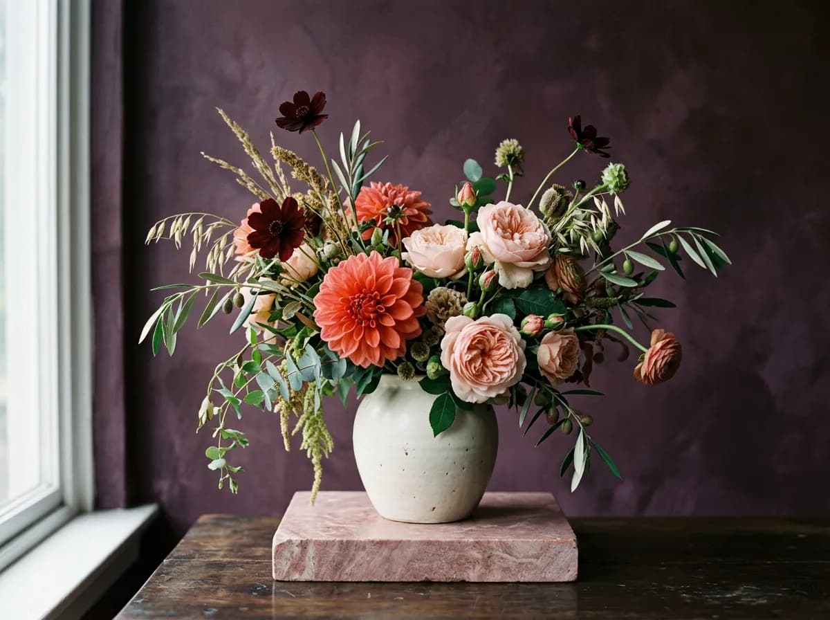 Coral and blush flowers in an ivory vase against a plum backdrop