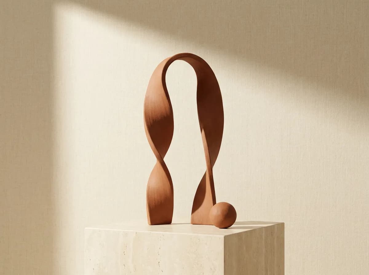 Terracotta ribbon sculpture on an ivory plinth